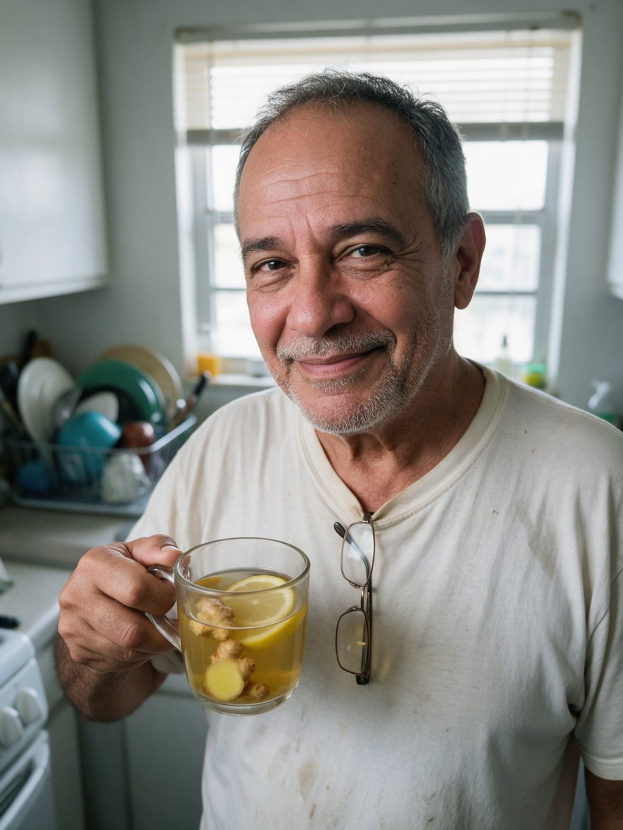 Carlos en su cocina con el té de jengibre