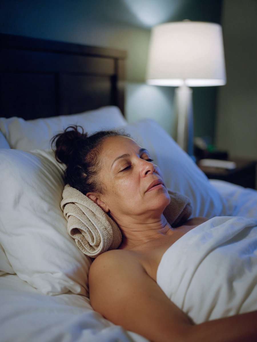 Daniela en la cama con la compresa tibia en el cuello