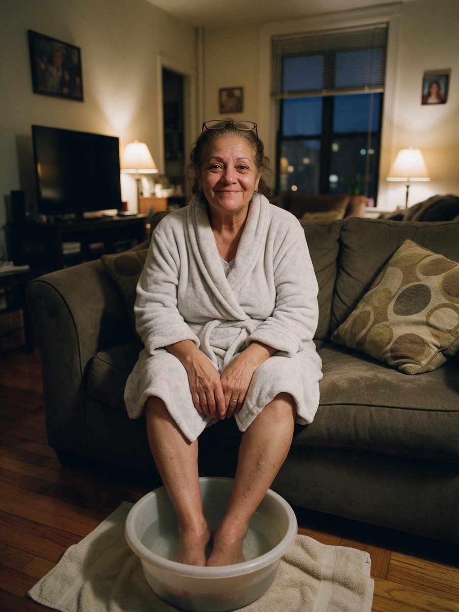Yolanda en su sala con los pies en el baño de pies