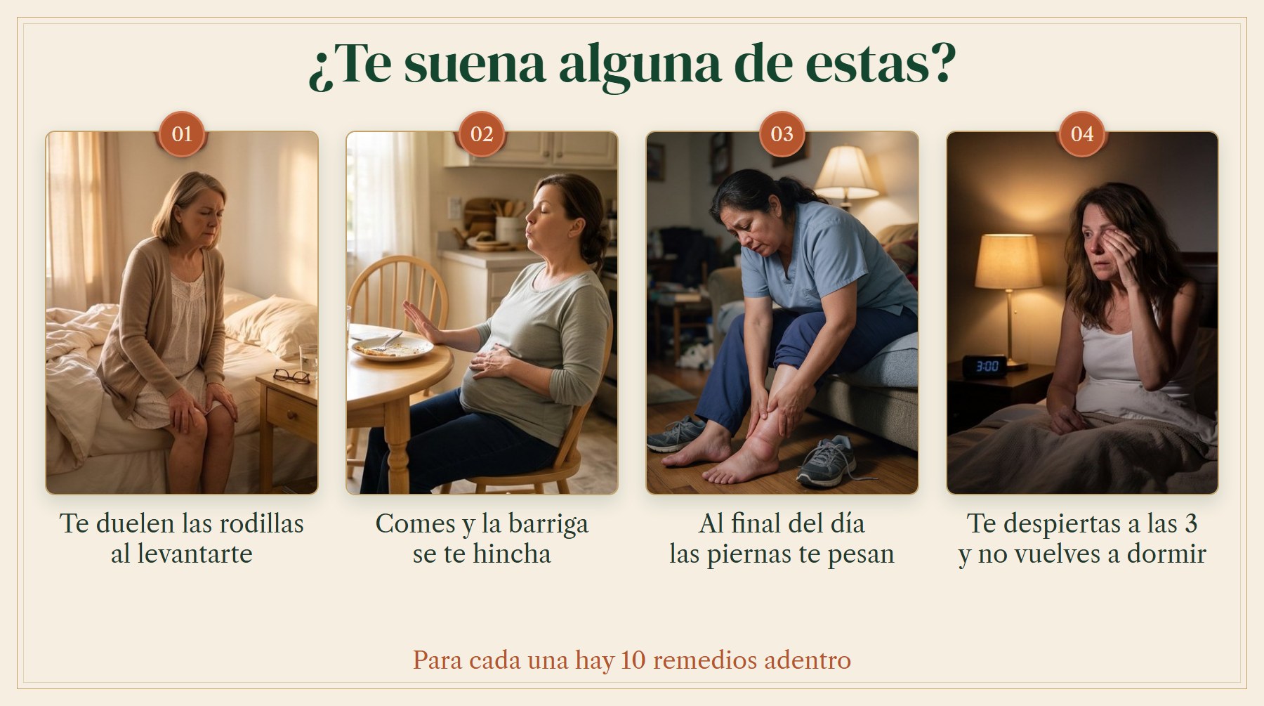 Te duelen las rodillas al levantarte, comes y la barriga se te hincha, al final del día las piernas te pesan, te despiertas a las 3 y no vuelves a dormir